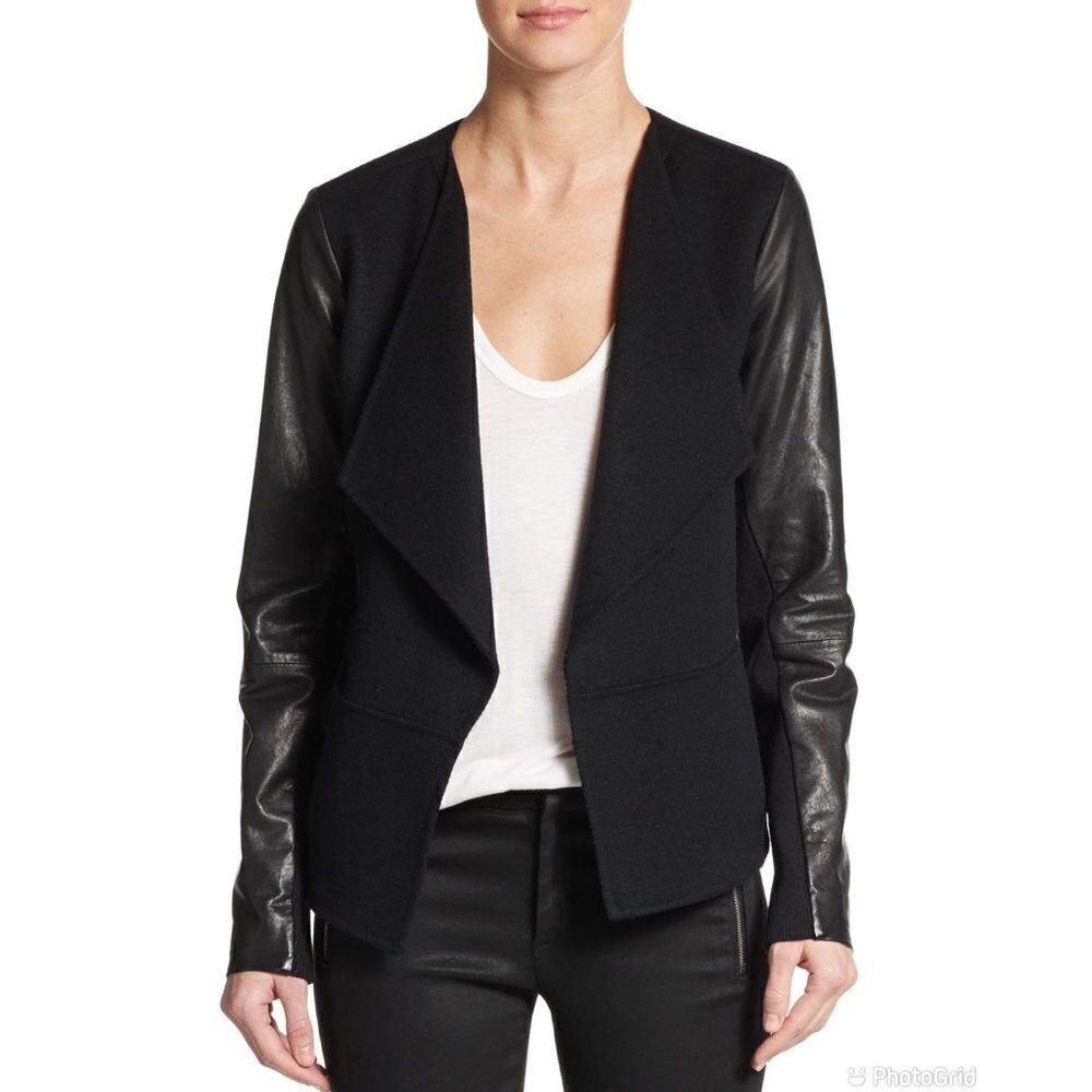 Vince Leather Sleeve Boiled Wool Jacket